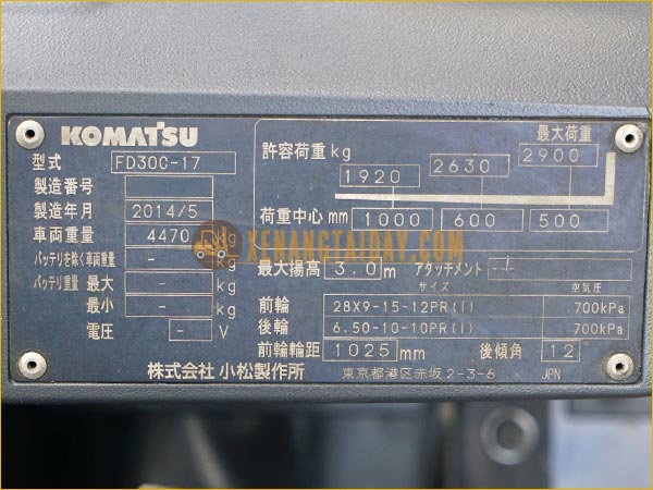 Tem xe nâng dầu KOMATSU 3 tấn FD30T-17