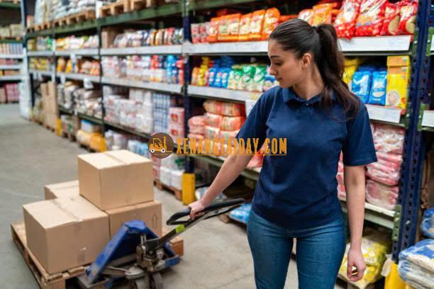 Siêu thị dùng xe nâng tay để vận chuyển hàng hoá