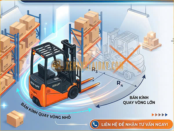 Xe nâng điện ngồi lái 3 bánh được mô phỏng trong kho hẹp